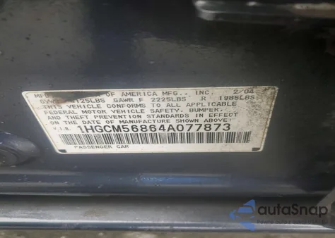 2004 Honda Accord Ex из США, поврежденный, VIN 1HGCM56864A077873